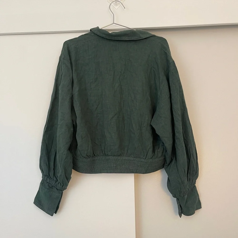 NWOT Free People Billy Saddle Green Bomber Jacket Linen Blend Size XS